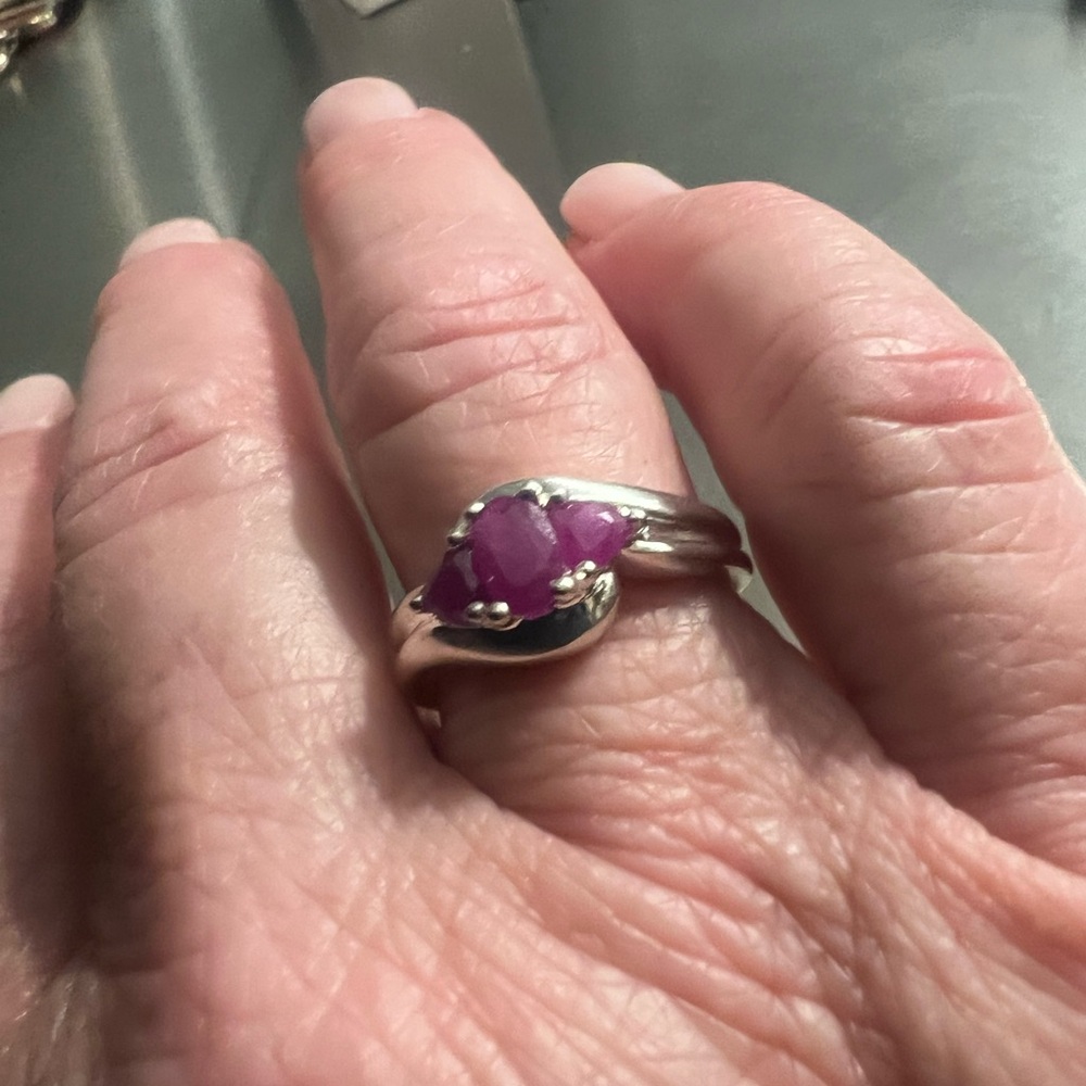 Sterling Silver & Genuine Ruby 3 Stone Ring - Picture 2 of 3